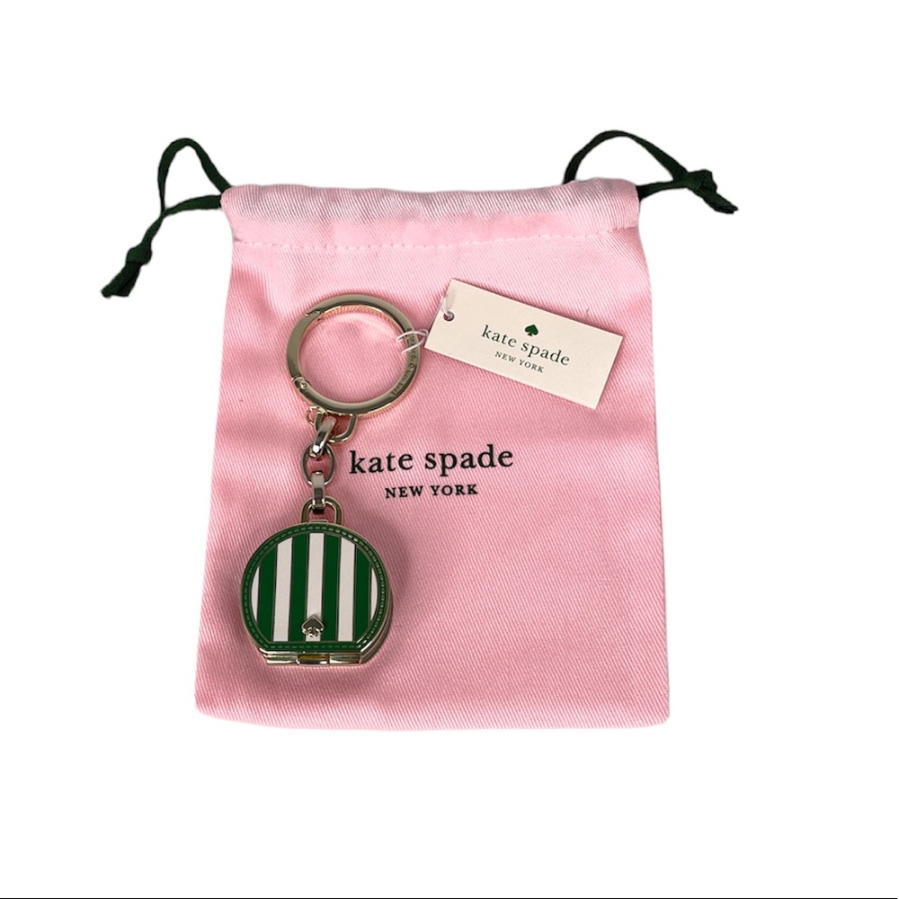 Kate Spade Traveler Stripes Key Chain Key Fob Green Gold - Picture 4 of 5